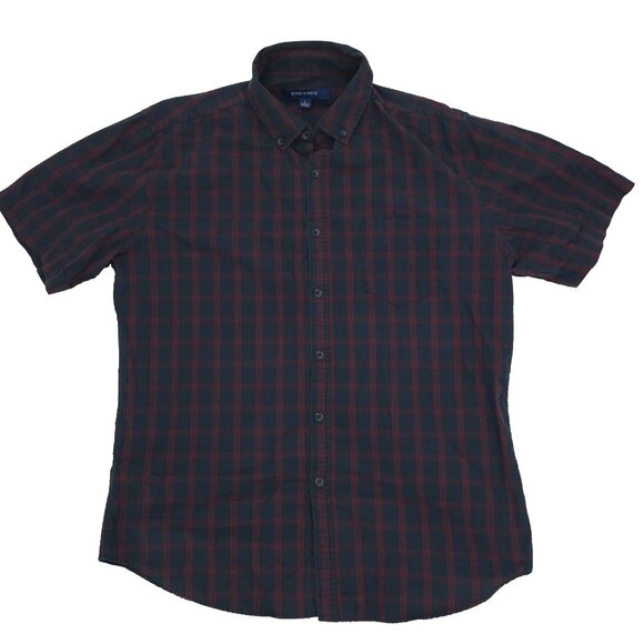 Bowery & Broome Button Shirt Mens Large Navy Blue Red Pocket Short Sleeve Plaid - Picture 2 of 9